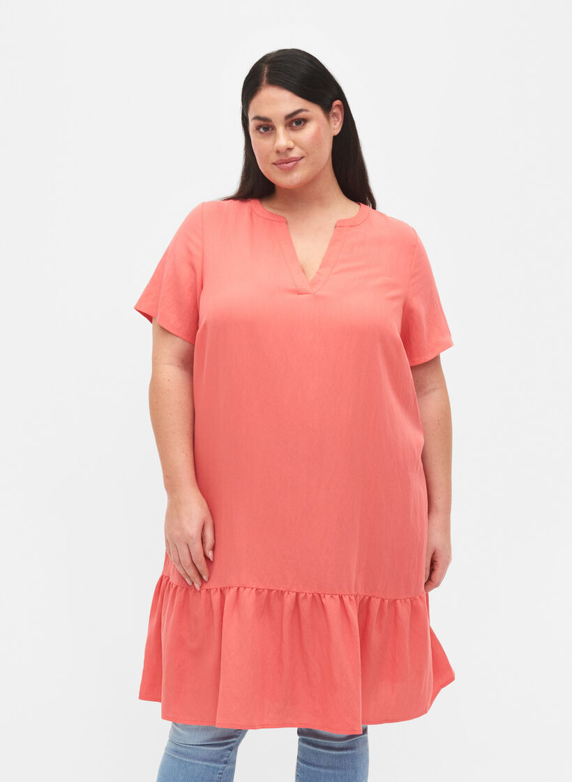 Kurzärmeliges Viskosekleid mit V-Ausschnitt, Orange, Model image number 0
