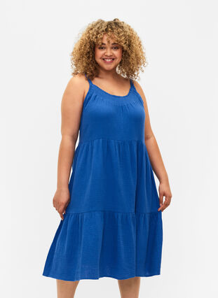 Schlichtes Trägerkleid aus Baumwolle, Victoria blue, Model image number 0