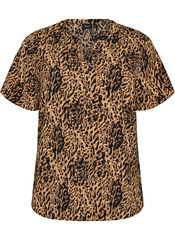 Bluse mit kurzen &Auml;rmeln und V-Ausschnitt, Braun, Packshot image number 0