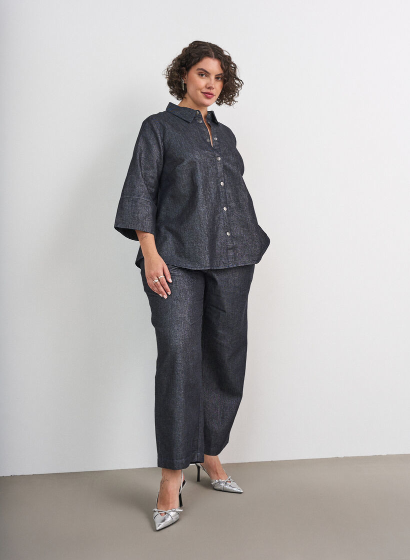 Denimbluse mit Glitzerfaden und 3/4-&Auml;rmeln, Grau, Model image number 1