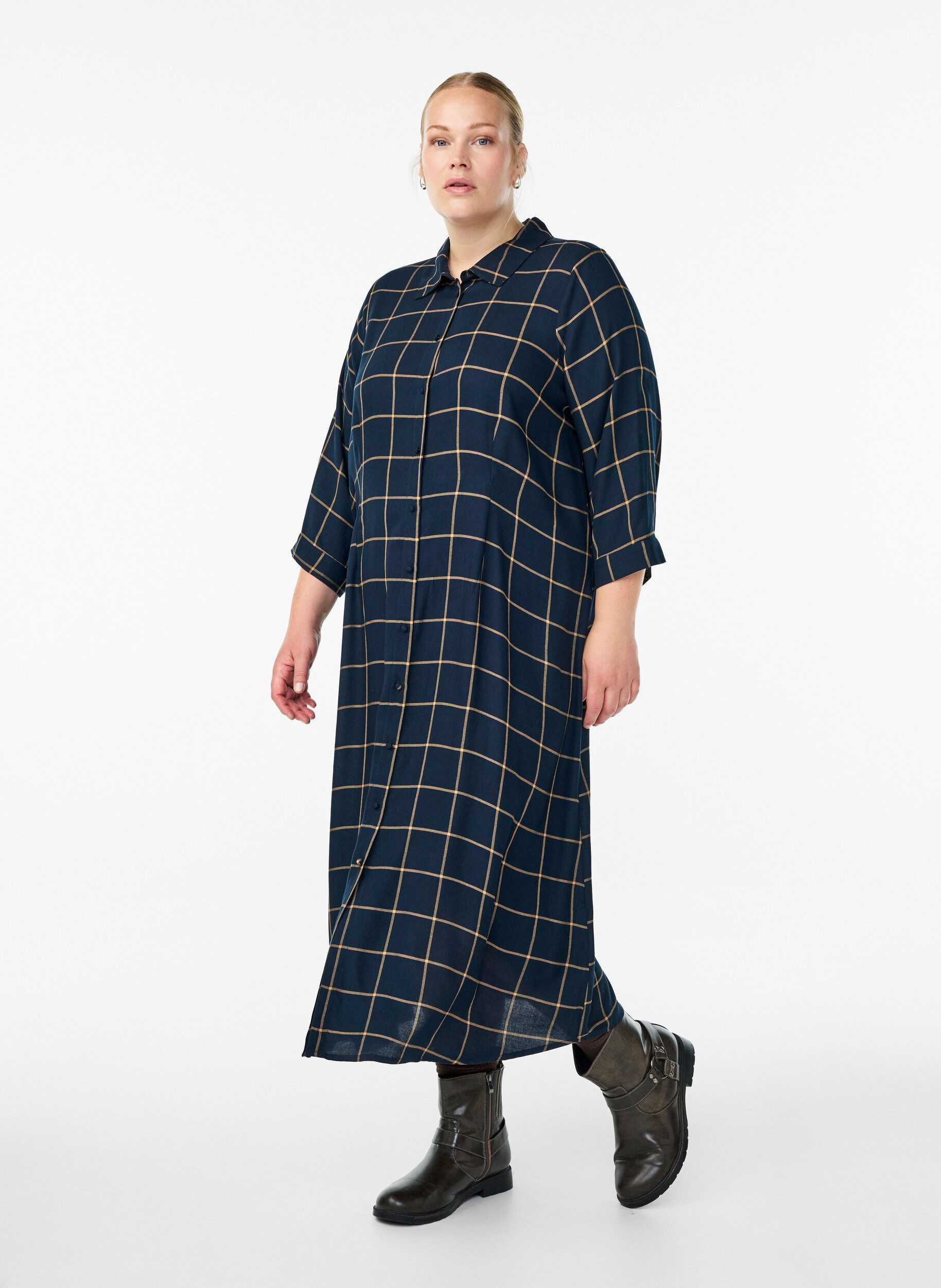 Langes Karo-Hemdblusenkleid, Blau, Model