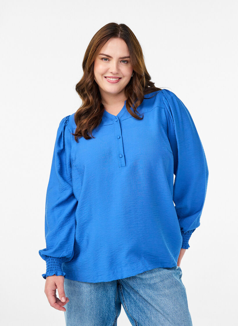 Viskose-Bluse mit Puff&auml;rmeln und gerafften Details, Blau, Model image number 0