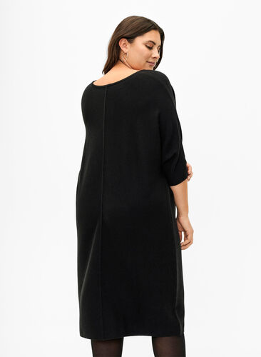 Geripptes Kleid mit 3/4 Ärmeln, Black, Model image number 1