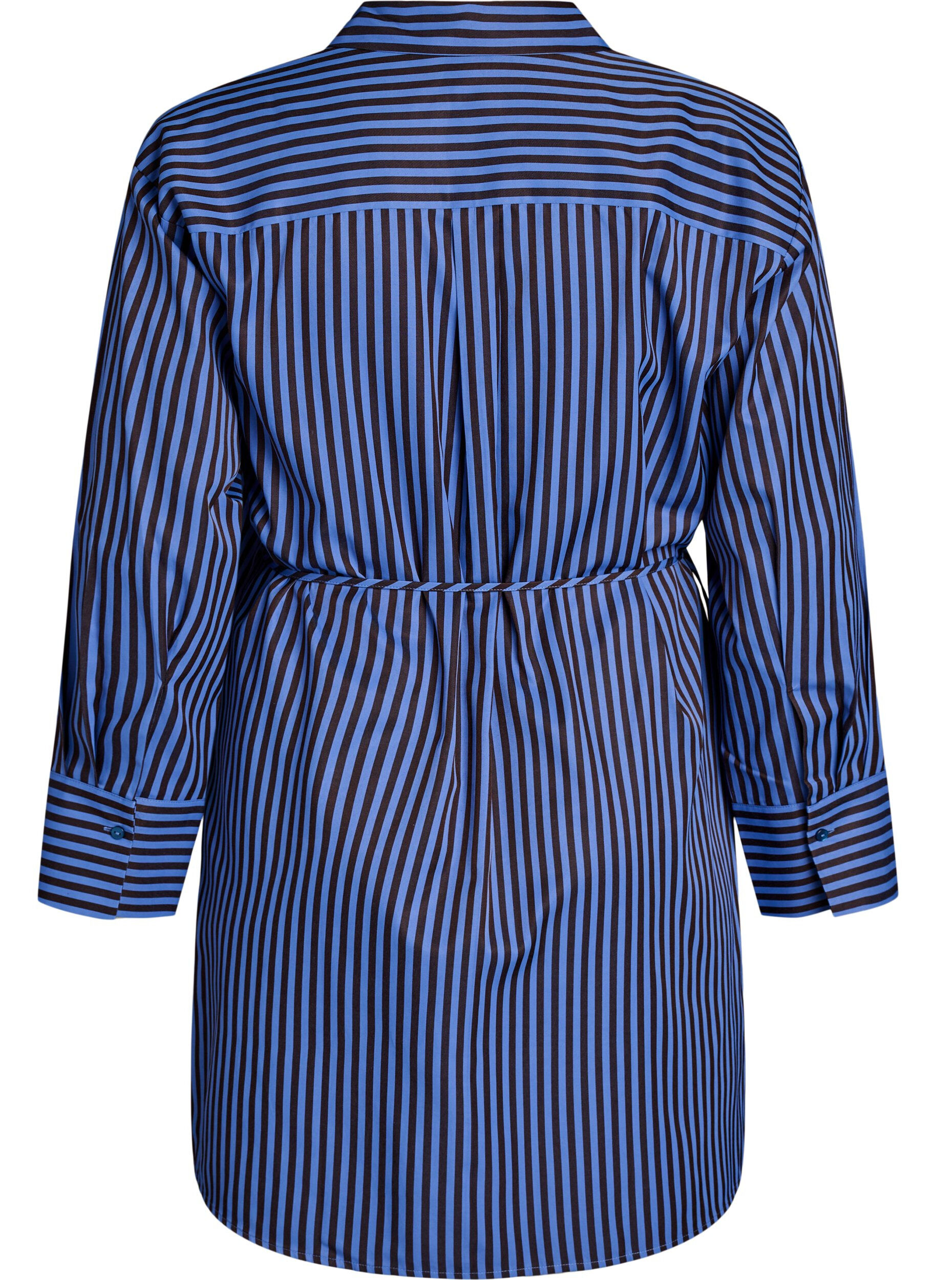 ZizziGestreifte Bluse mit Wickeloptik und Bindeg&uuml;rtel, Blau, Packshot image number 1