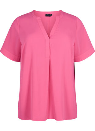 Kurzärmelige Bluse mit V-Ausschnitt, Raspberry Sorbet, Packshot image number 0