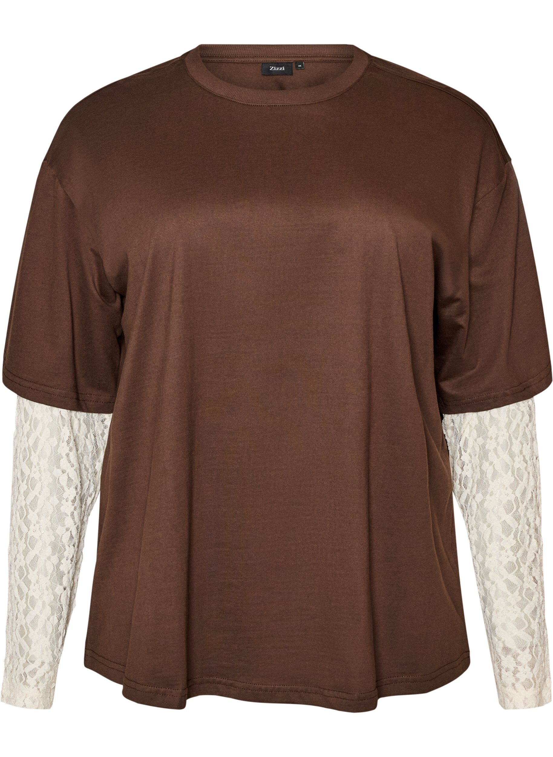 ZizziLockeres T-Shirt mit langen Spitzen&auml;rmeln, Braun, Packshot image number 0