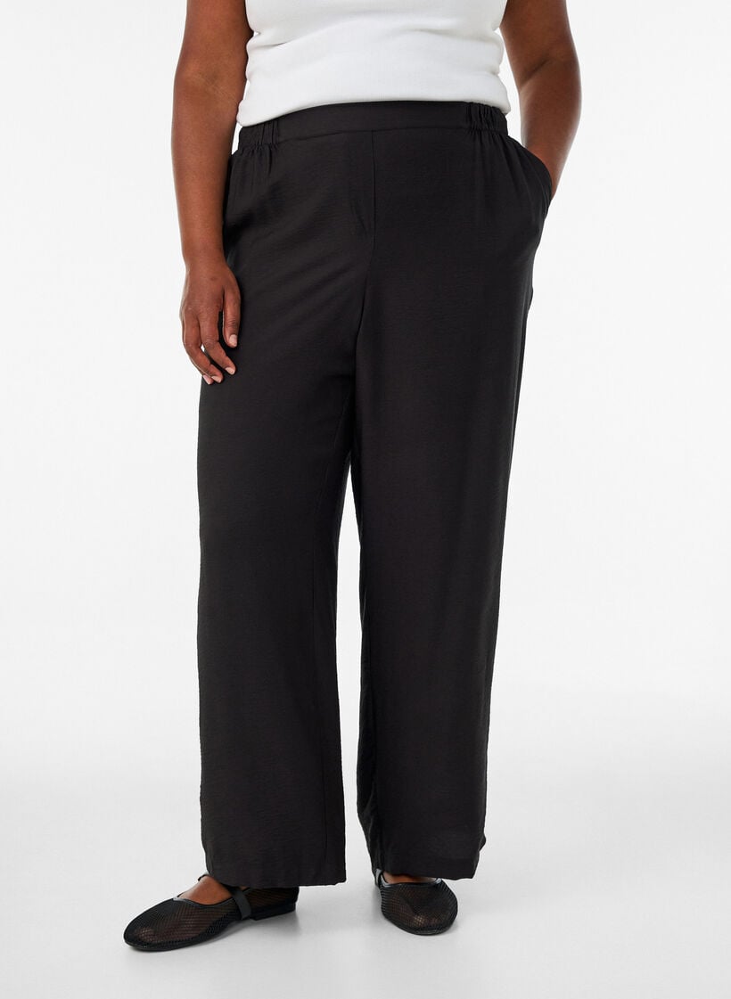 Viskosehose mit elastischem Bund und geraden Beinen, Schwarz, Model image number 2