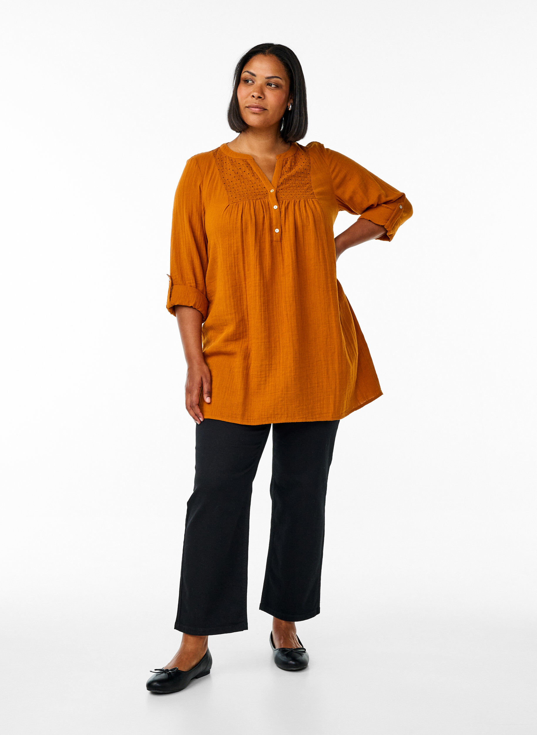ZizziTunika aus Baumwollmusselin mit Broderie Anglaise, Orange, Model image number 1