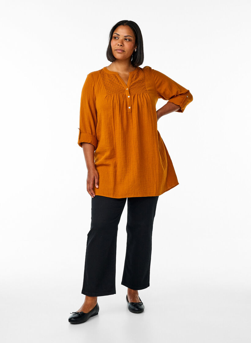 Tunika aus Baumwollmusselin mit Broderie Anglaise, Orange, Model image number 1