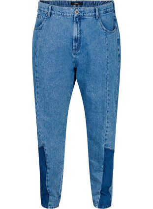 Gekürzte Mille Mom-Jeans mit Colour-Block, Blue denim, Packshot image number 0