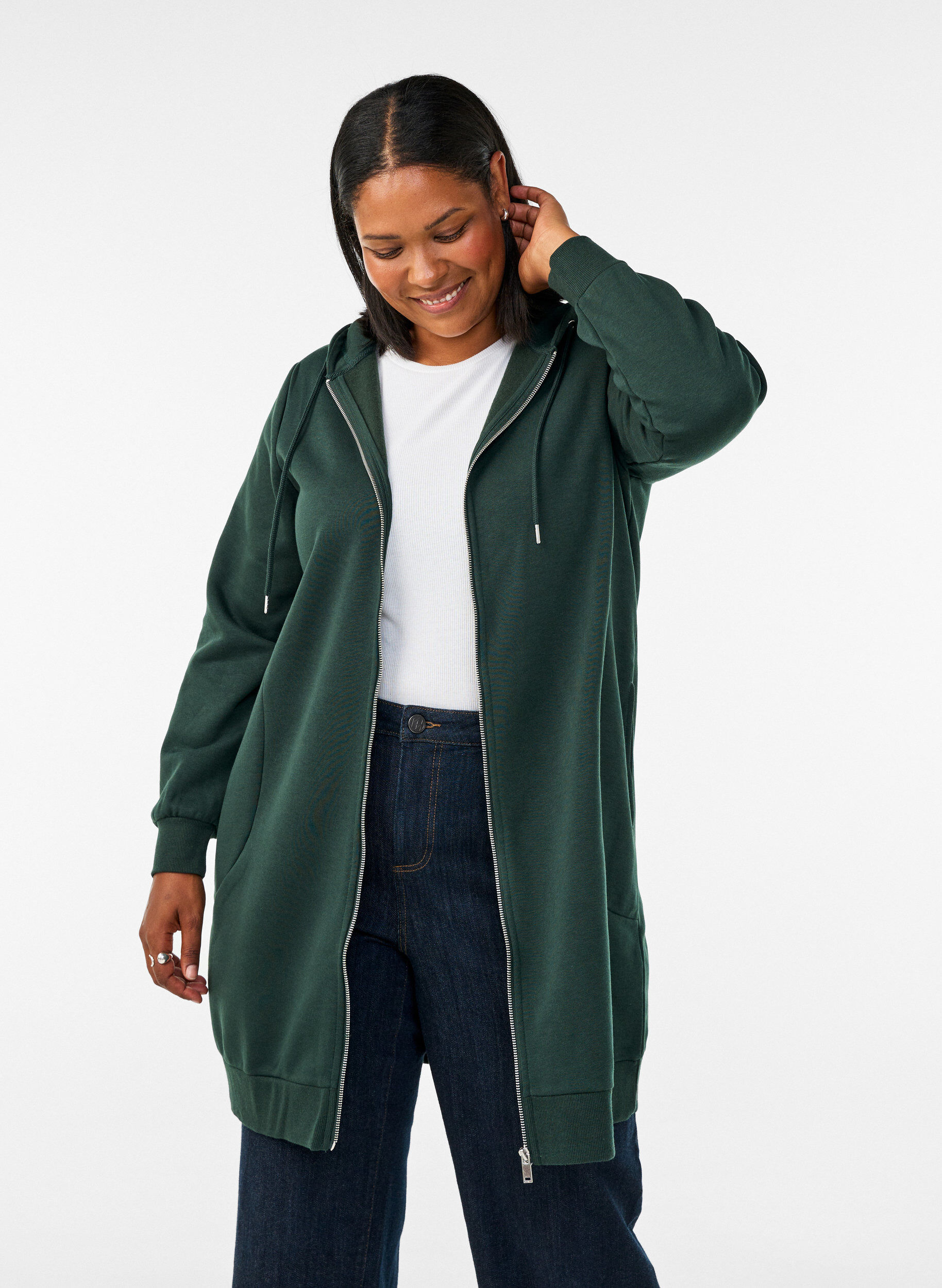 ZizziLanger Hoodie mit Rei&szlig;verschluss und Taschen, Gr&uuml;n, Model image number 0