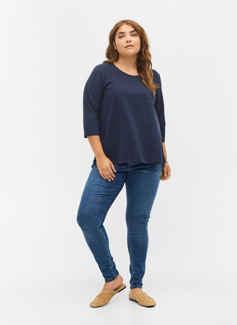 Basic T-Shirt aus Baumwolle mit 3/4-Ärmeln, Blau, Model image number 1