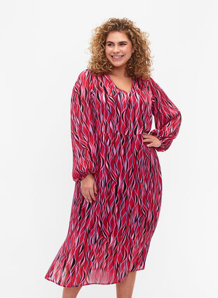 Langärmliges Midi-Kleid mit Druck, Fuchsia Pink AOP, Model image number 0