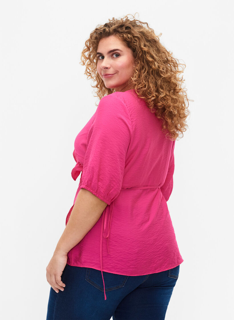 Wickelbluse aus Viskose mit halblangen Ärmeln, Beetroot Purple, Model image number 1