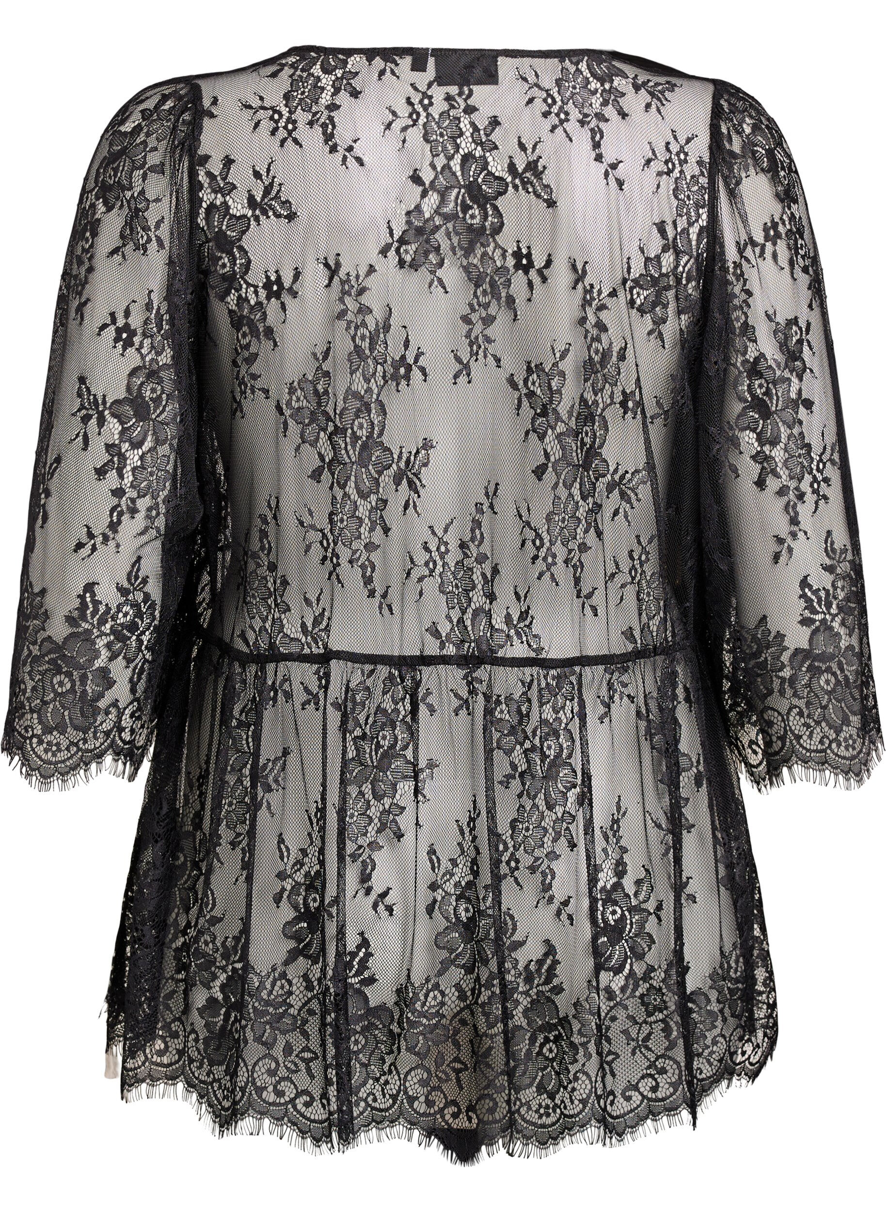 Zizzi Spitzentop mit Bindedetail und 3/4-&Auml;rmeln, Schwarz, Packshot image number 1