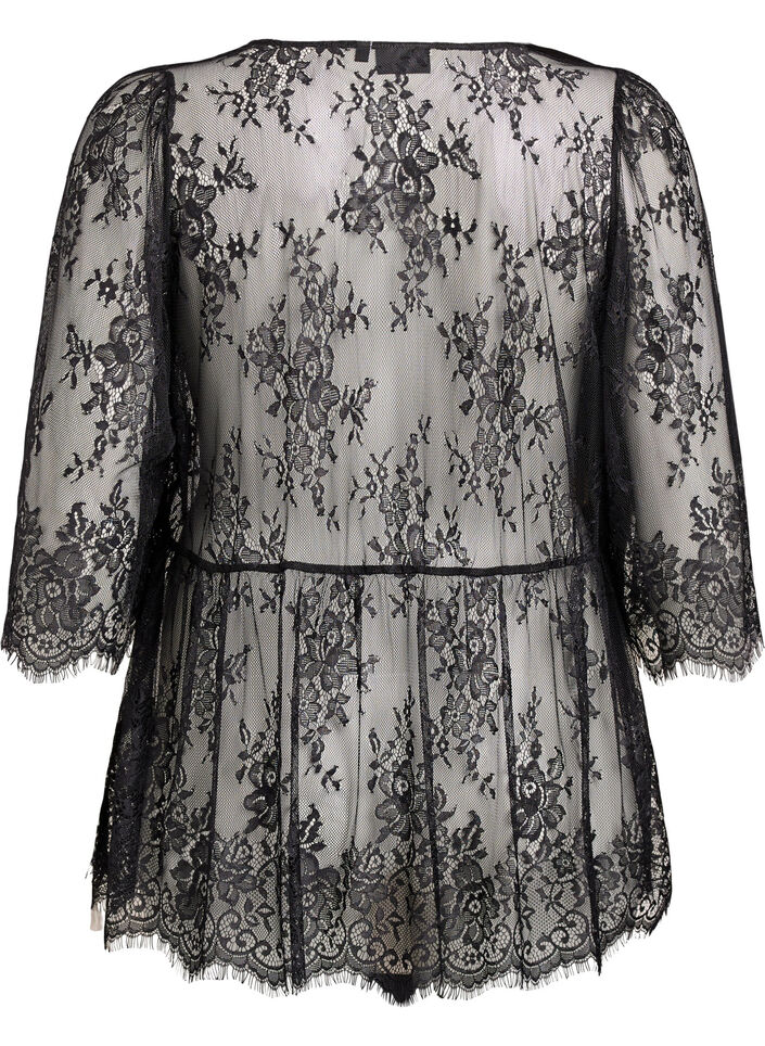 Spitzentop mit Bindedetail und 3/4-Ärmeln, Schwarz, Packshot image number 1