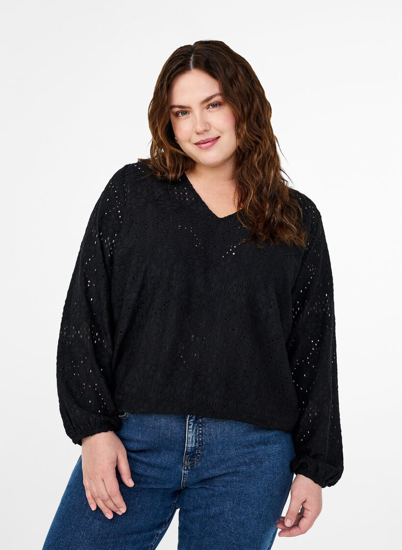  Langärmelige Bluse mit V-Ausschnitt und Lochmuster, Black, Model image number 0