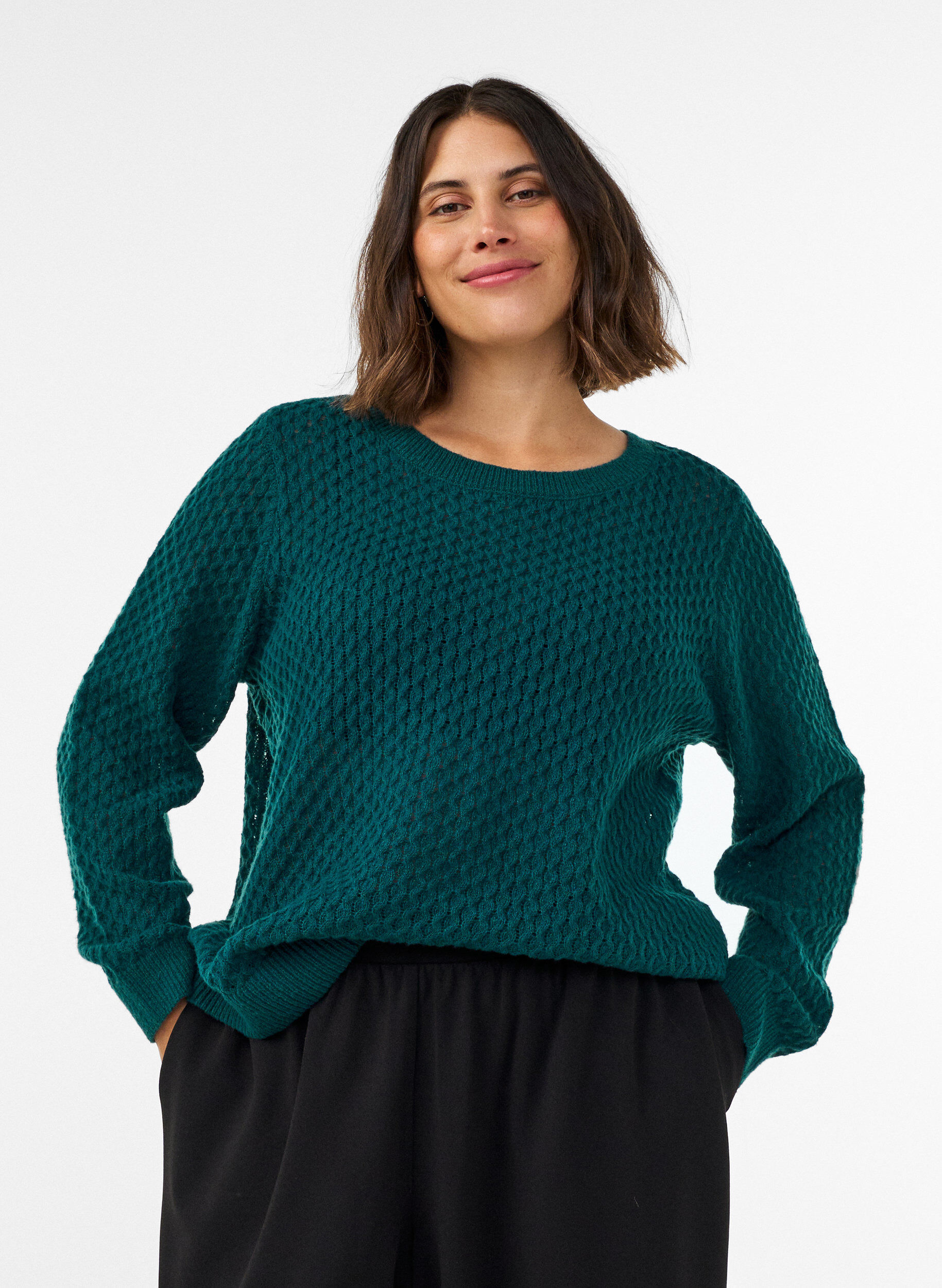 ZizziStrickbluse mit strukturiertem Lochmuster, Gr&uuml;n, Model image number 0