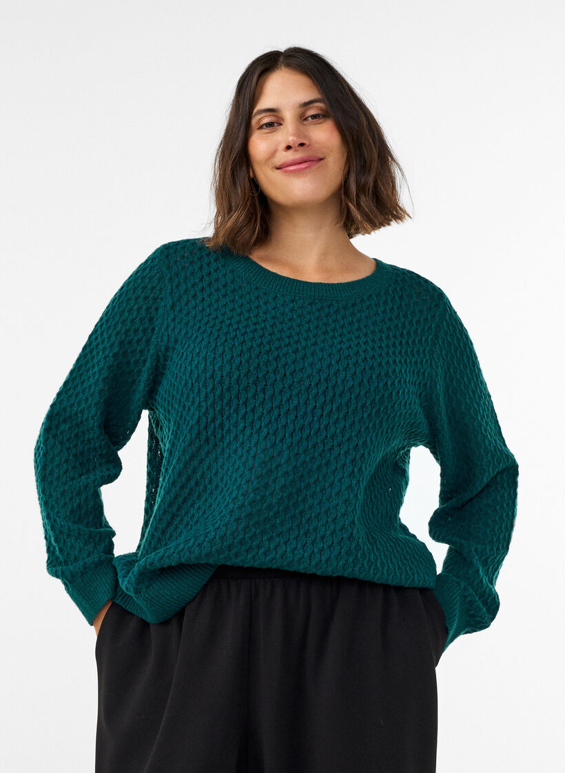 Strickbluse mit strukturiertem Lochmuster, Gr&uuml;n, Model image number 0