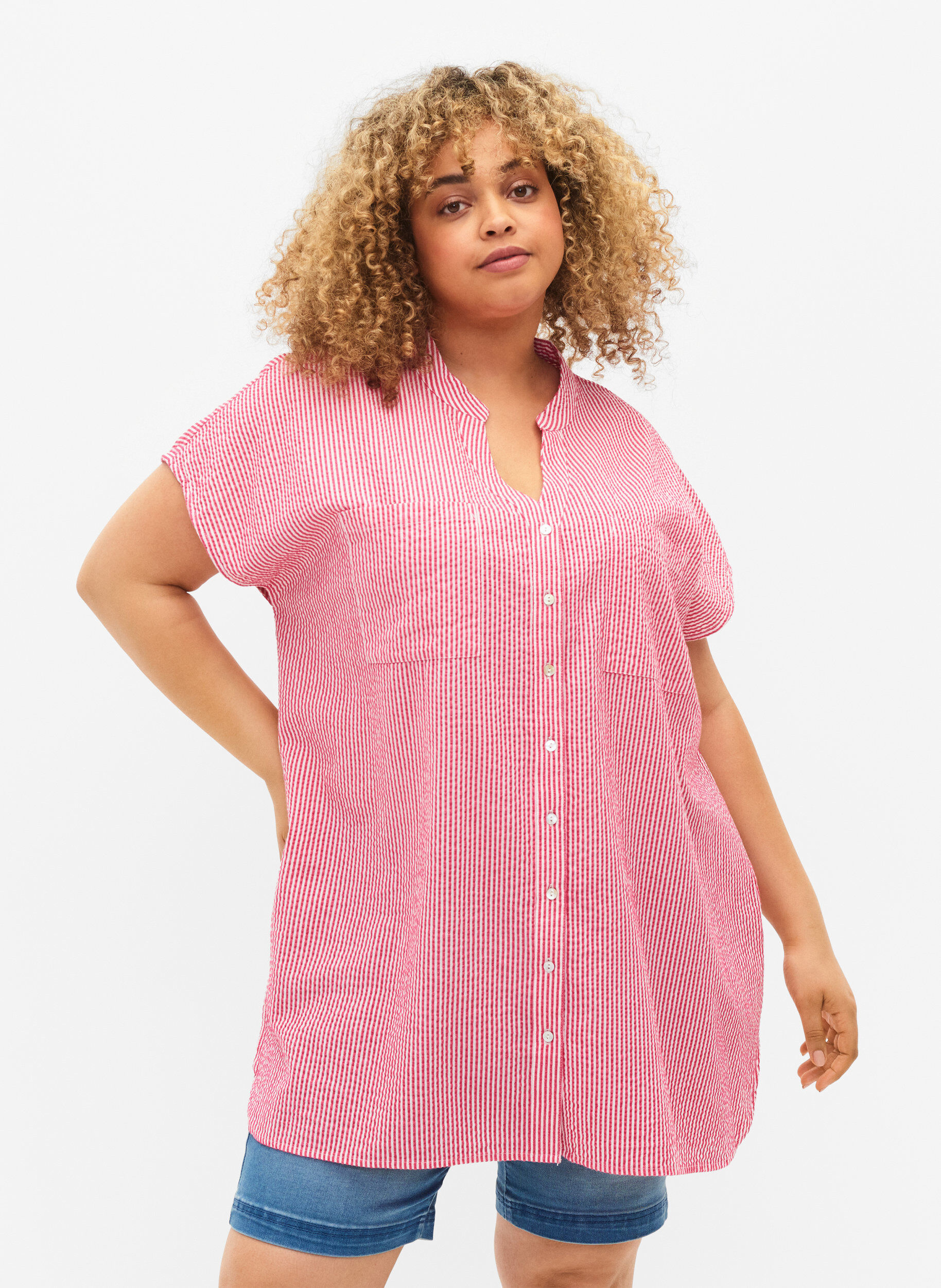 Zizzi Kurz&auml;rmeliges Baumwollhemd mit Streifen, Beetroot P. Stripe, Model image number 0