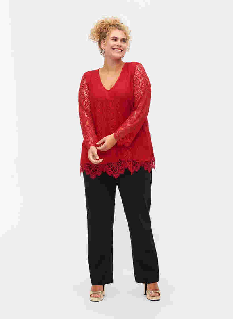 Langarm Spitzenbluse mit V-Ausschnitt, Tango Red, Model image number 2