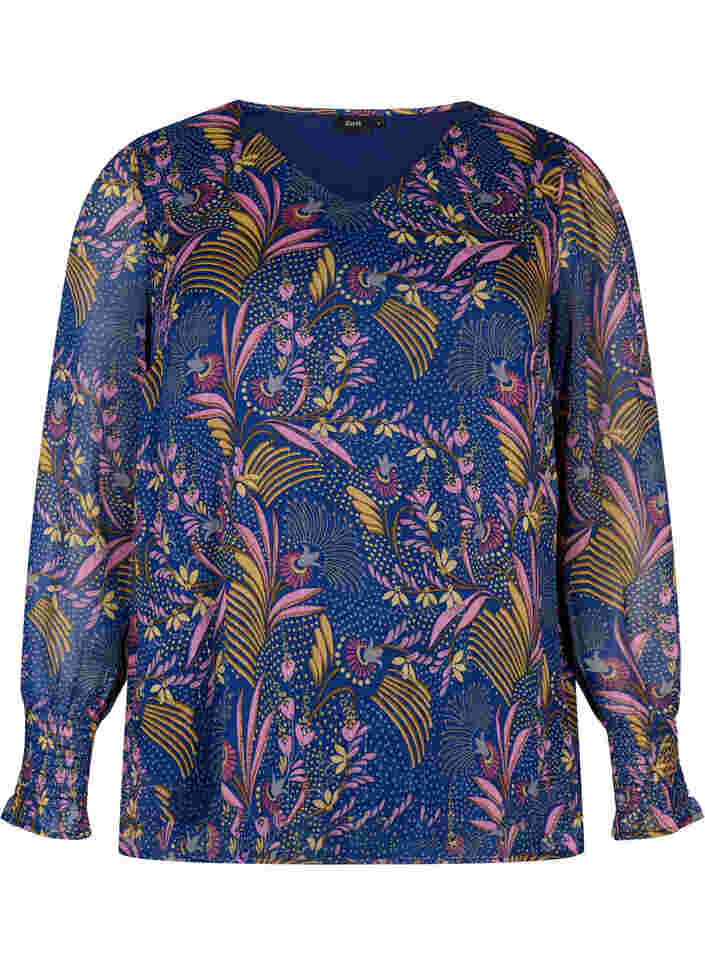 Geblümte Bluse mit langen Ärmeln und V-Ausschnitt, Blue w. Pink Leaf, Packshot image number 0