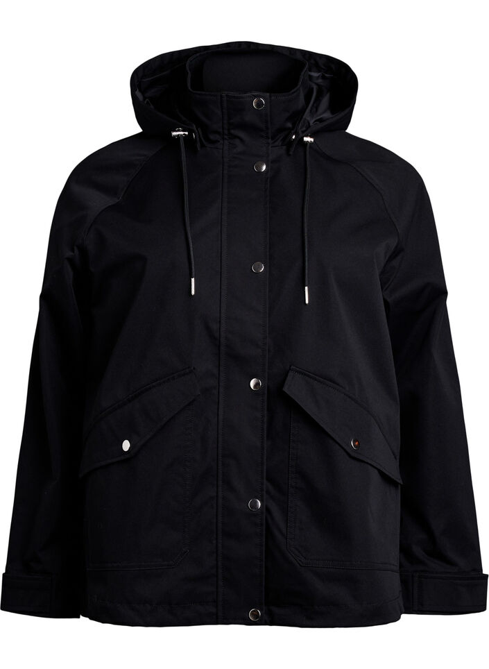 Kurze Fr&uuml;hlingsjacke mit abnehmbarer Kapuze, Schwarz, Packshot image number 0