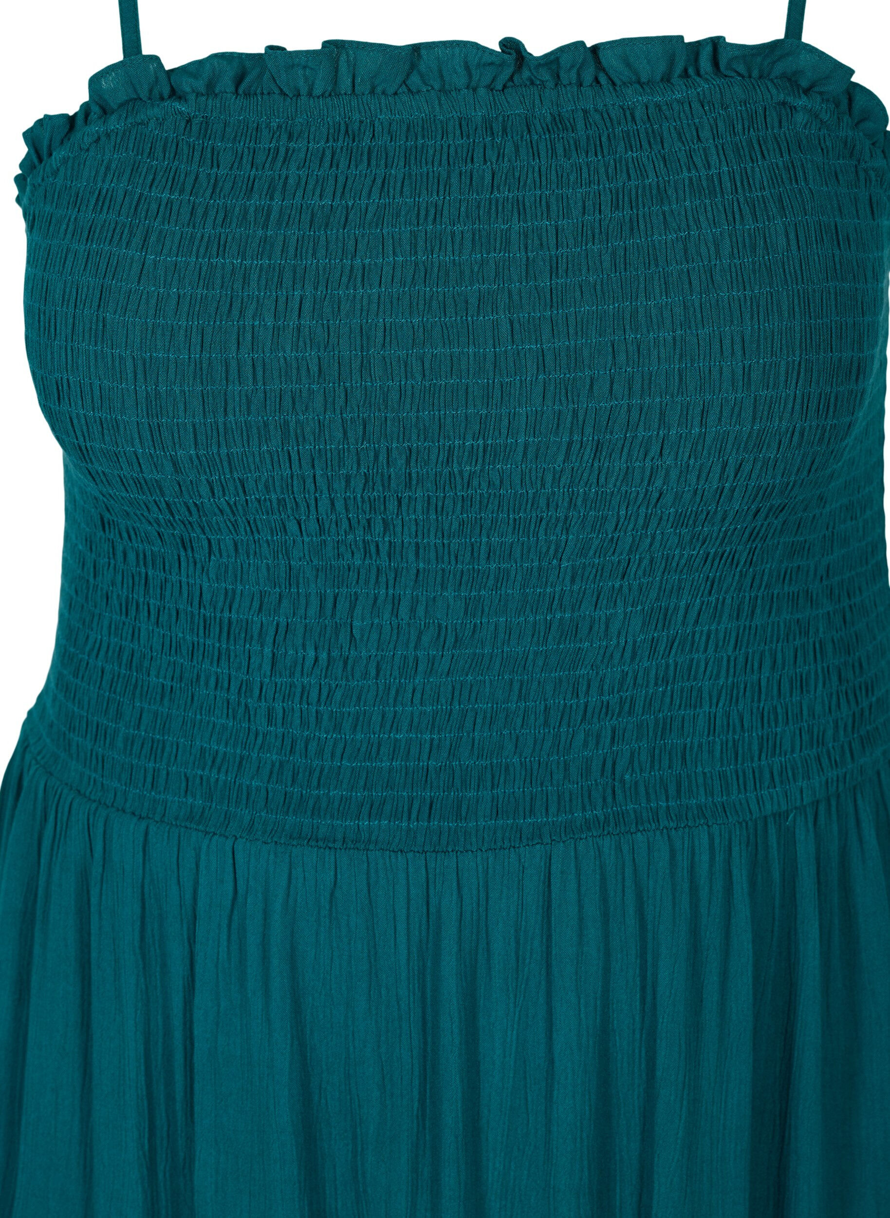 Zizzi Viskose Strandkleid mit Smock und Lochstickerei, Deep Teal, Packshot image number 2