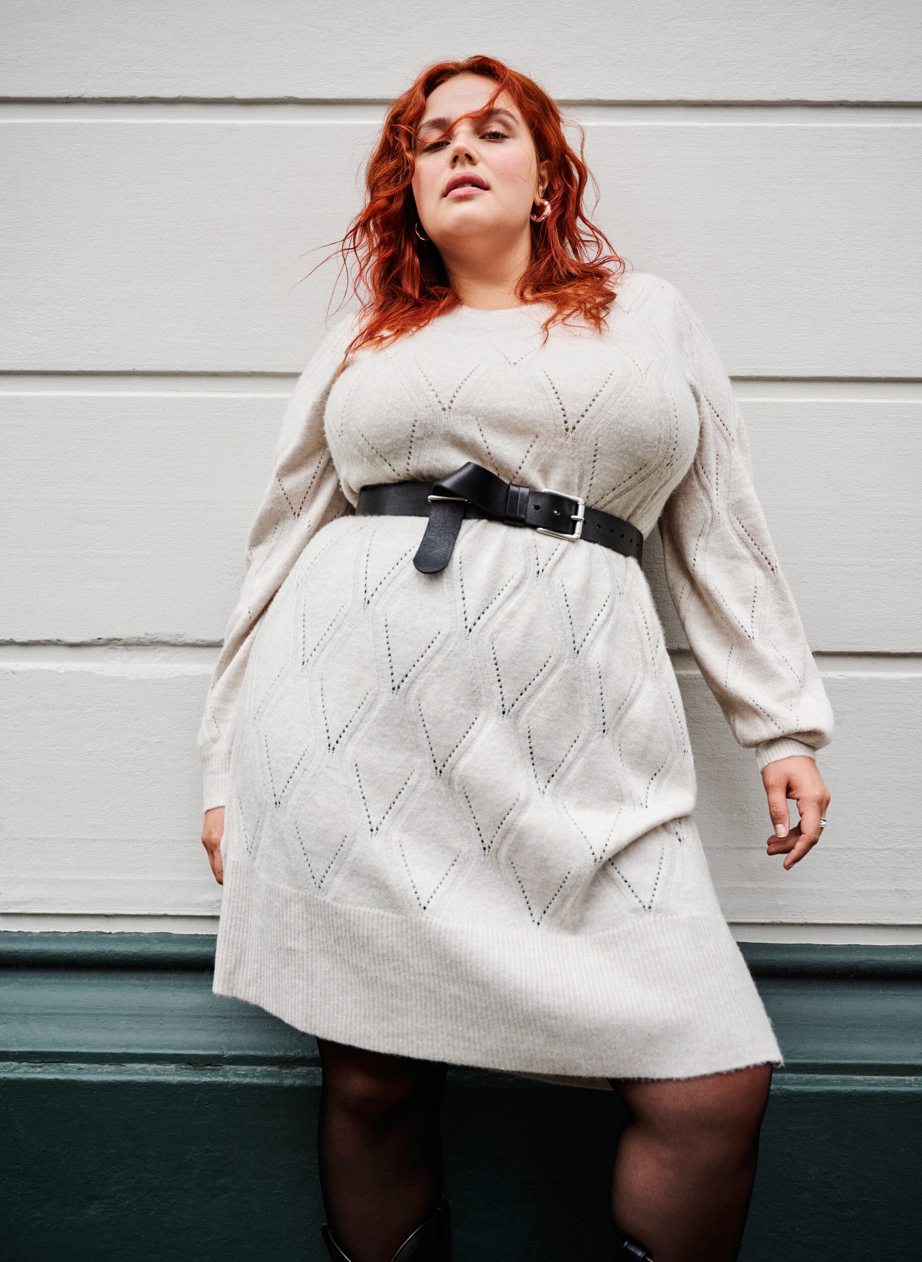 Zizzi Lang&auml;rmliges Strickkleid mit Lochmuster, Birch Mel., Image image number 0