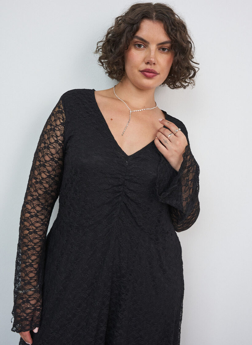 Spitzenkleid mit Trompeten&auml;rmeln und A-Linie, Schwarz, Model image number 2