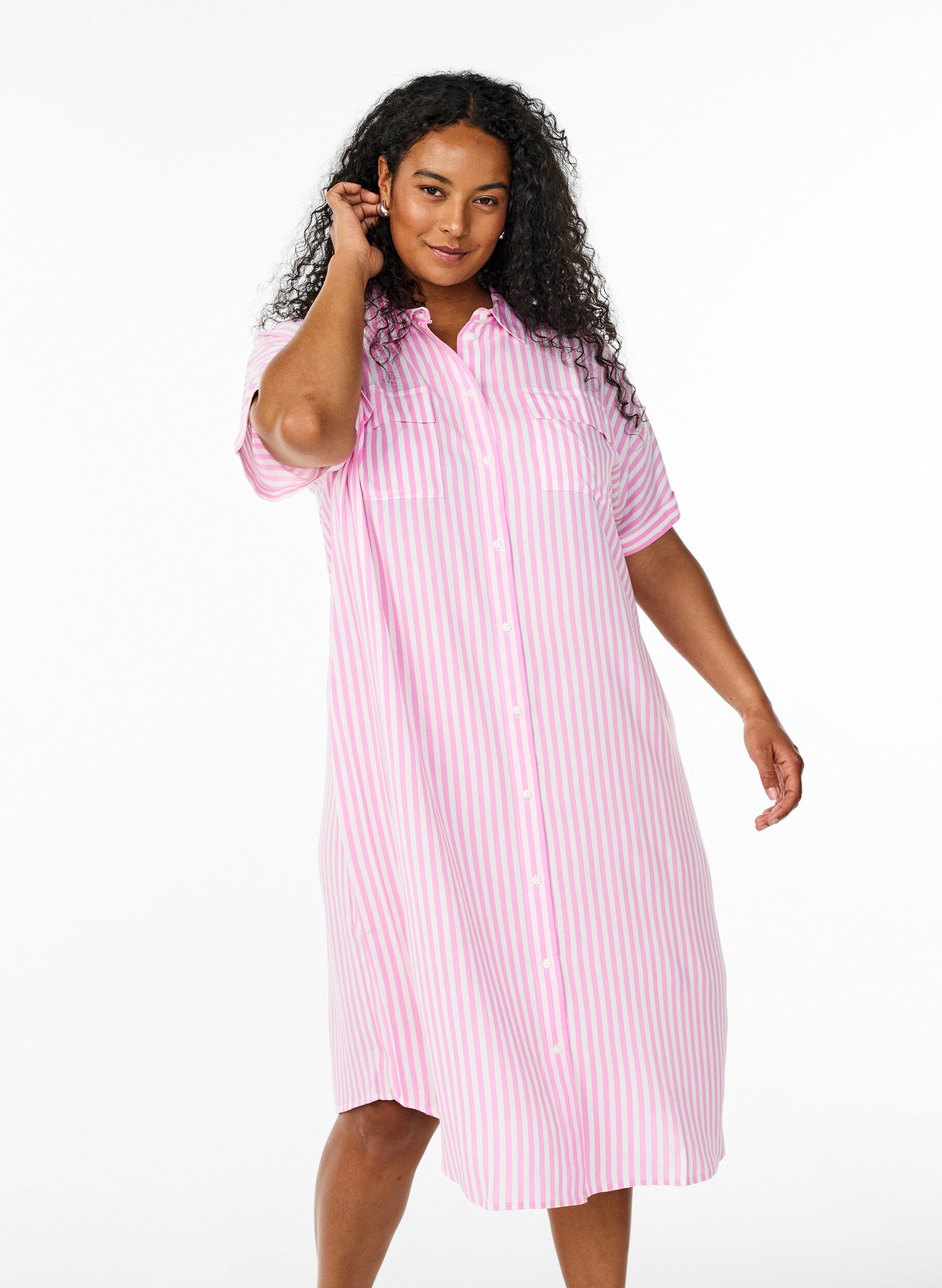 Zizzi Langes Hemdkleid mit kurzen &Auml;rmeln, Pink, Model image number 0