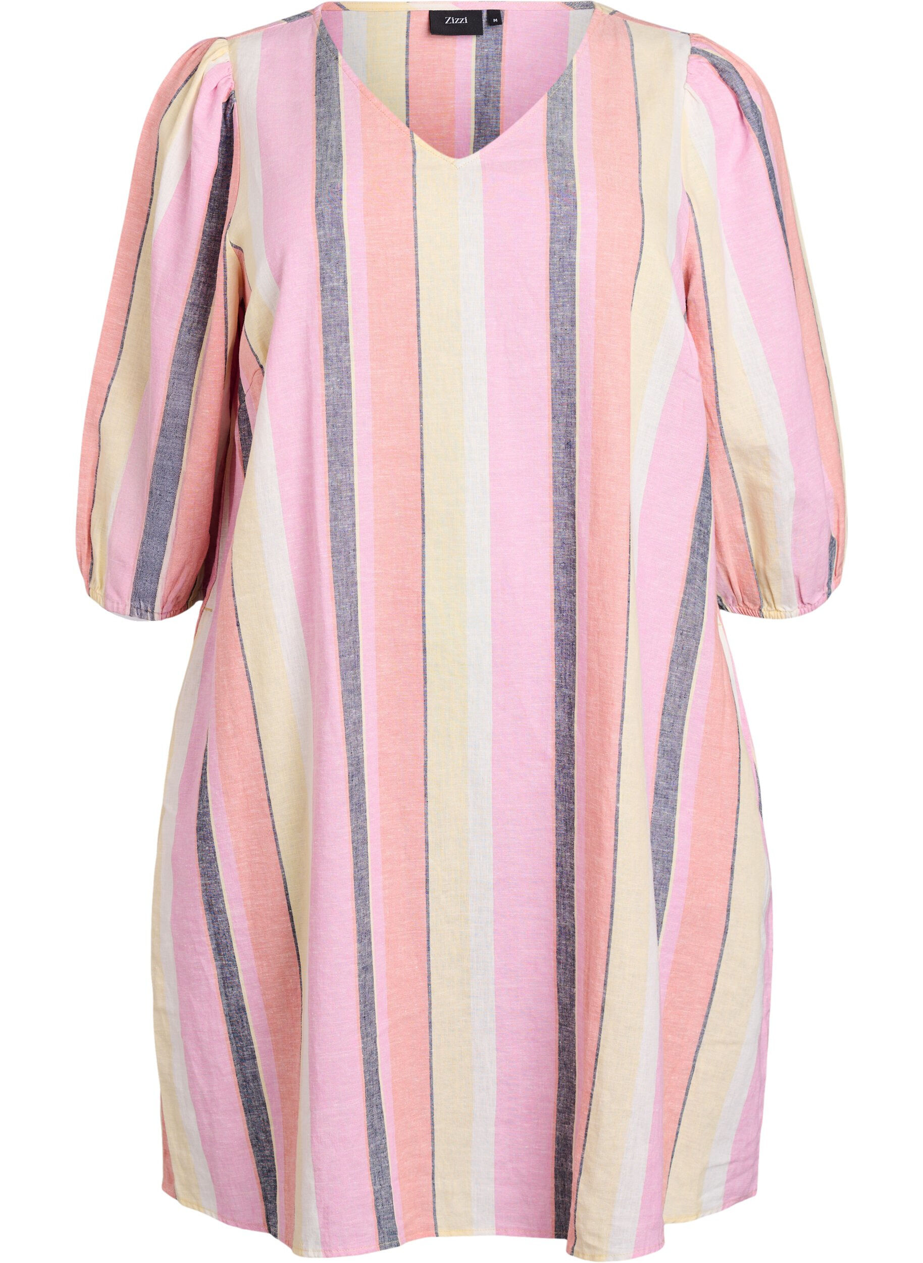 Zizzi Kleid aus Leinen und Viskose mit 3/4-&Auml;rmeln, Gelb, Packshot image number 0