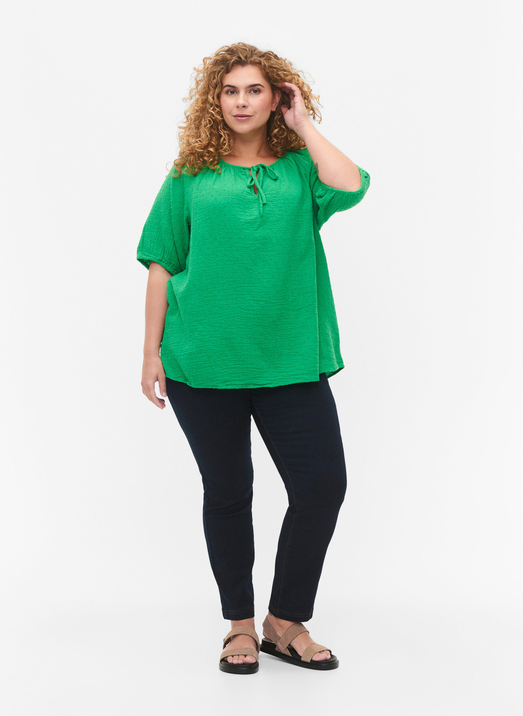 Zizzi Baumwollbluse mit 1/2 &Auml;rmeln, Bright Green, Model image number 2