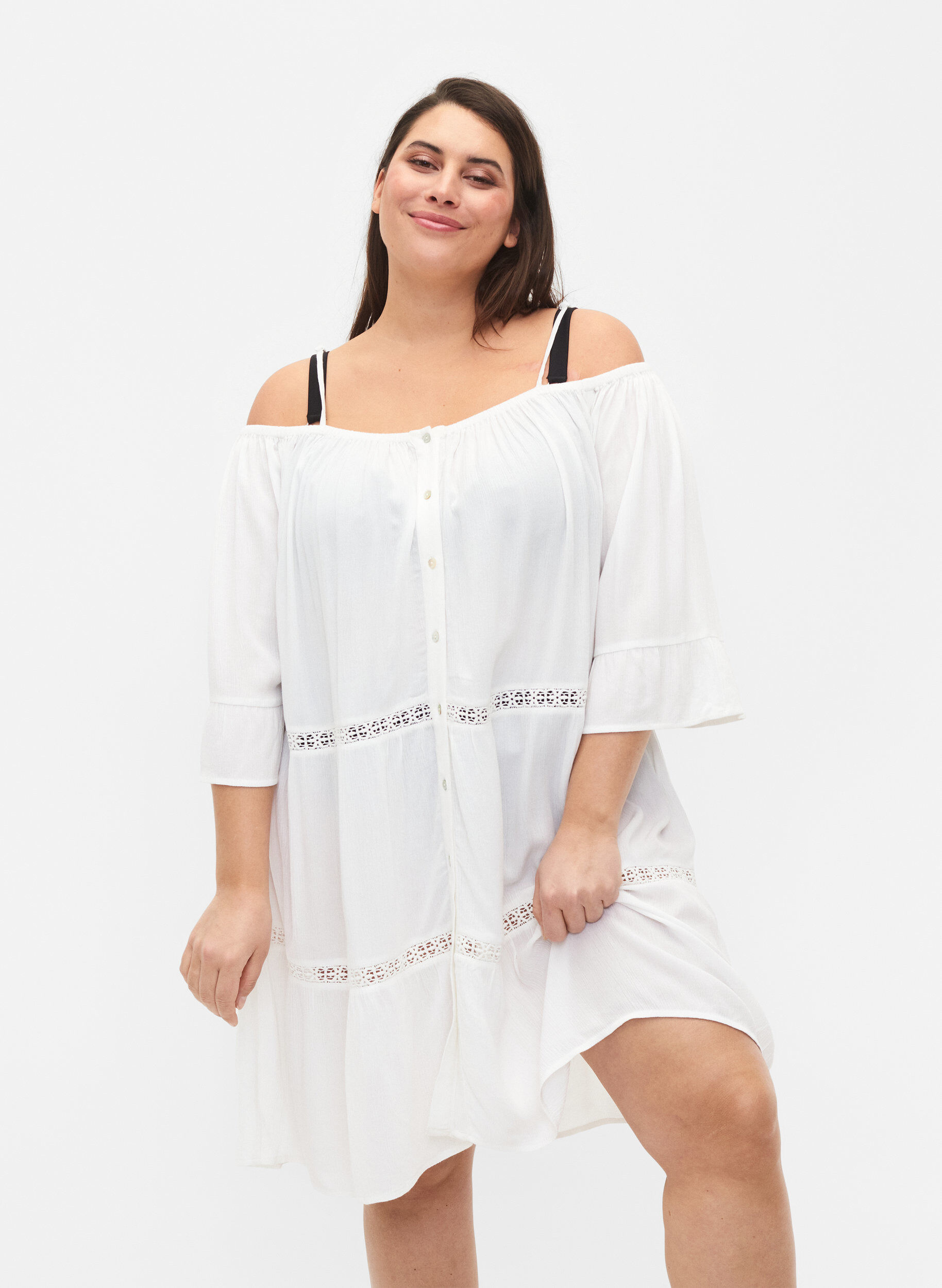 Zizzi Strandtunika mit Off-Shoulder, White, Model image number 0