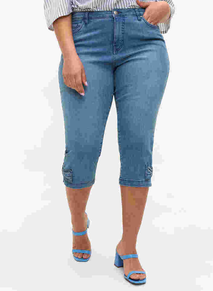 Lange Denim Shorts aus Baumwolle, Blue denim, Model image number 1