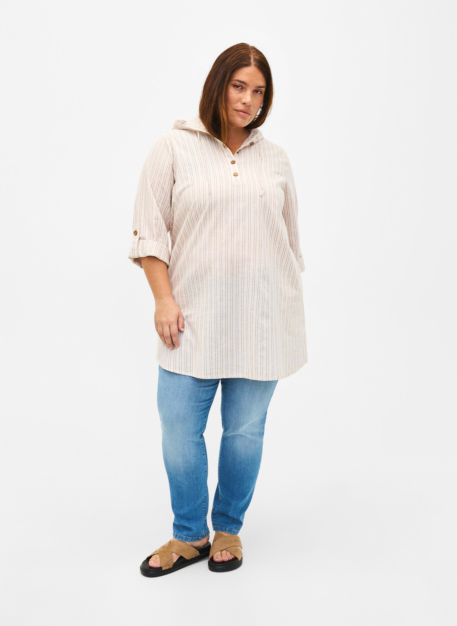 Zizzi Tunika mit Kapuze aus Baumwolle und Leinen, Wh. Sandshell Stripe, Model image number 3