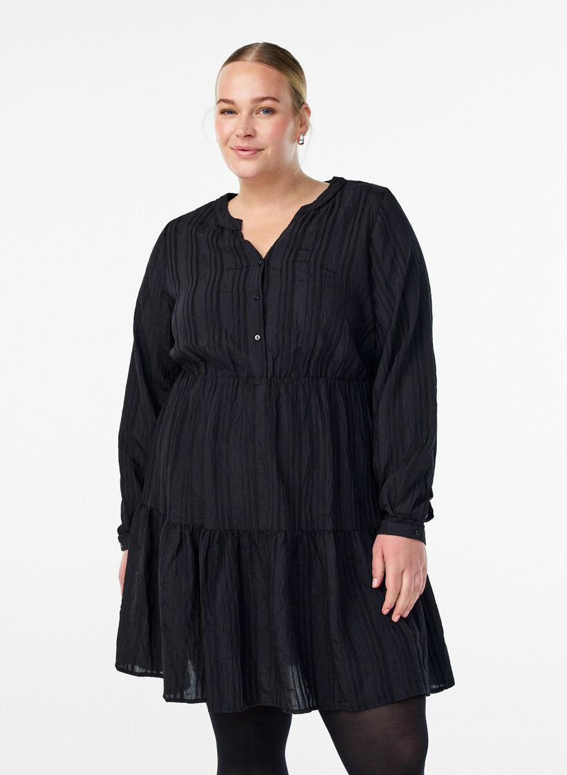Kurzes Kleid mit gewebter Streifenstruktur und elastischer Taille, Schwarz, Model image number 0