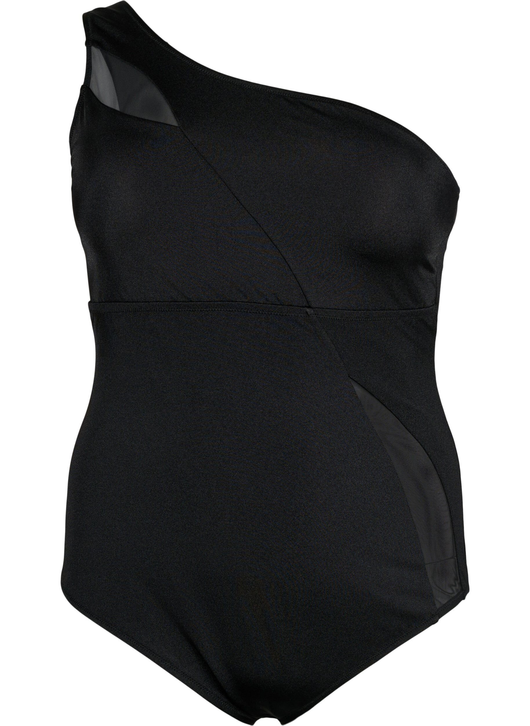Zizzi One-Shoulder-Badeanzug mit Mesh-Details, Black, Packshot image number 0