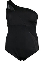 One-Shoulder-Badeanzug mit Mesh-Details, Black, Packshot