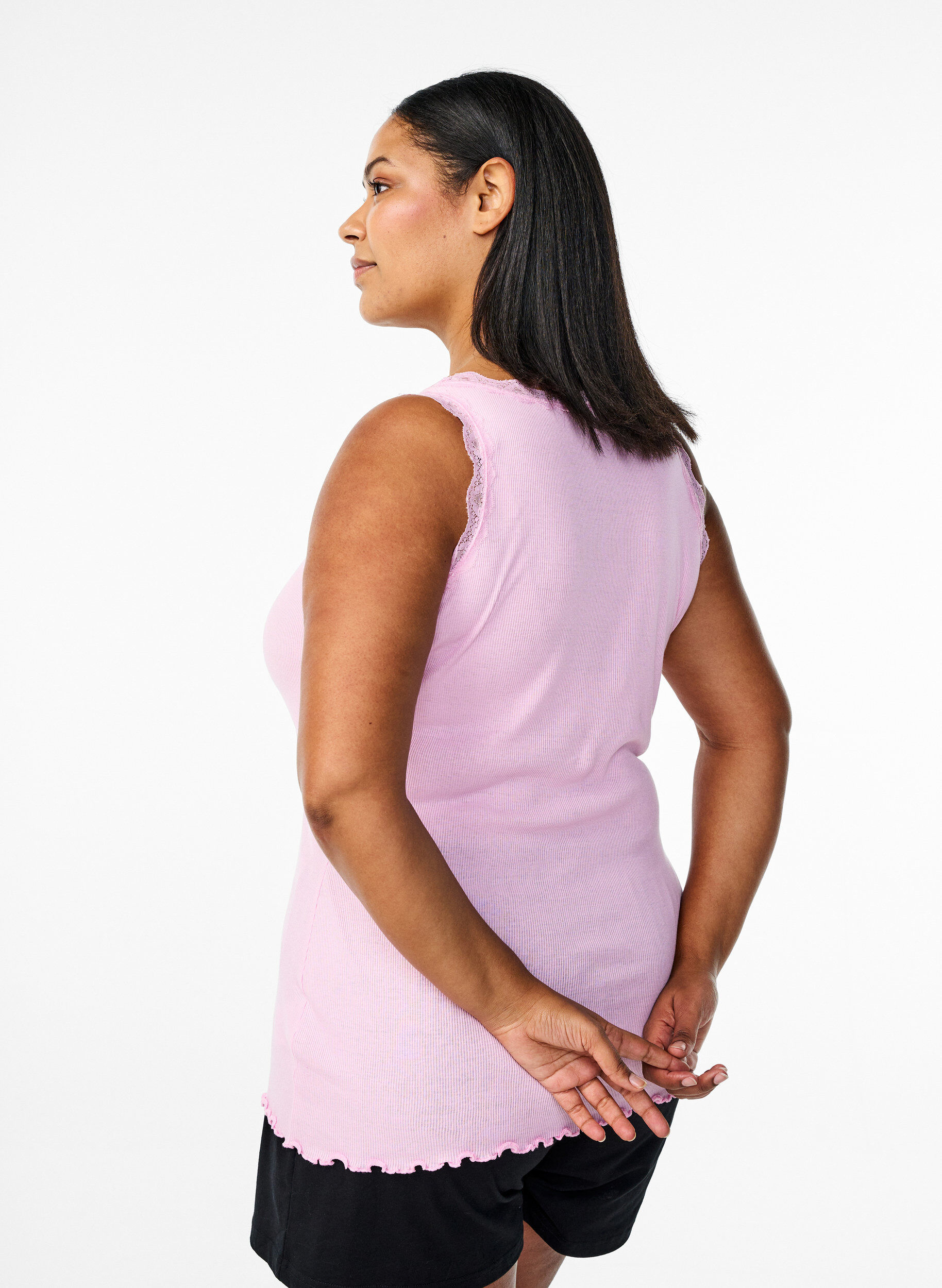 Zizzi Top mit Spitzensaum, Pink, Model image number 2