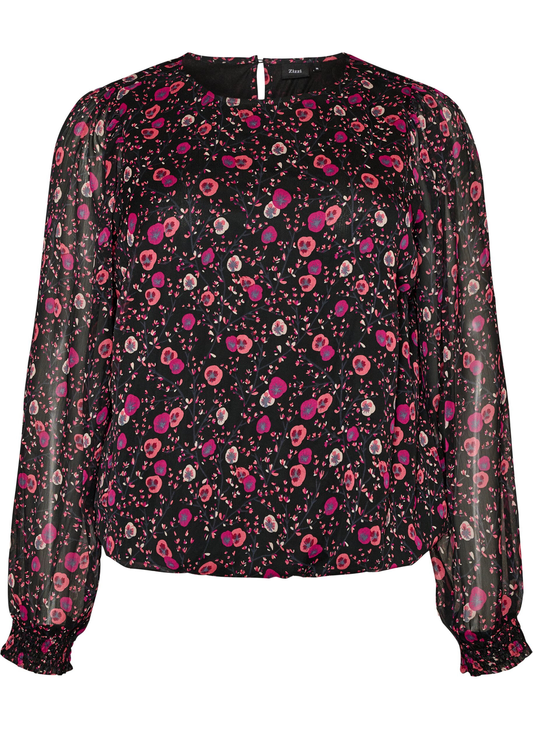 ZizziGebl&uuml;mte Bluse aus Chiffon mit transparenten &Auml;rmeln, Schwarz, Packshot image number 0
