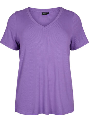 Viskose T-Shirt mit Ripp und V-Ausschnitt, Deep Lavender, Packshot image number 0