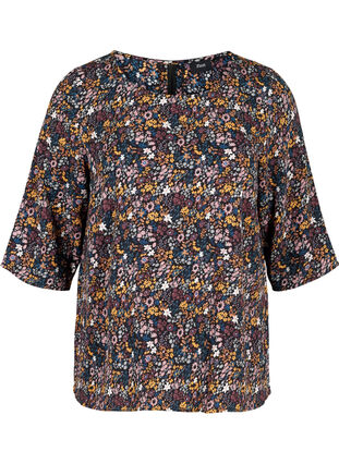 Bluse mit Print, 3/4-Ärmeln und Spitze am Rücken, Black/Multi Flower, Packshot image number 0