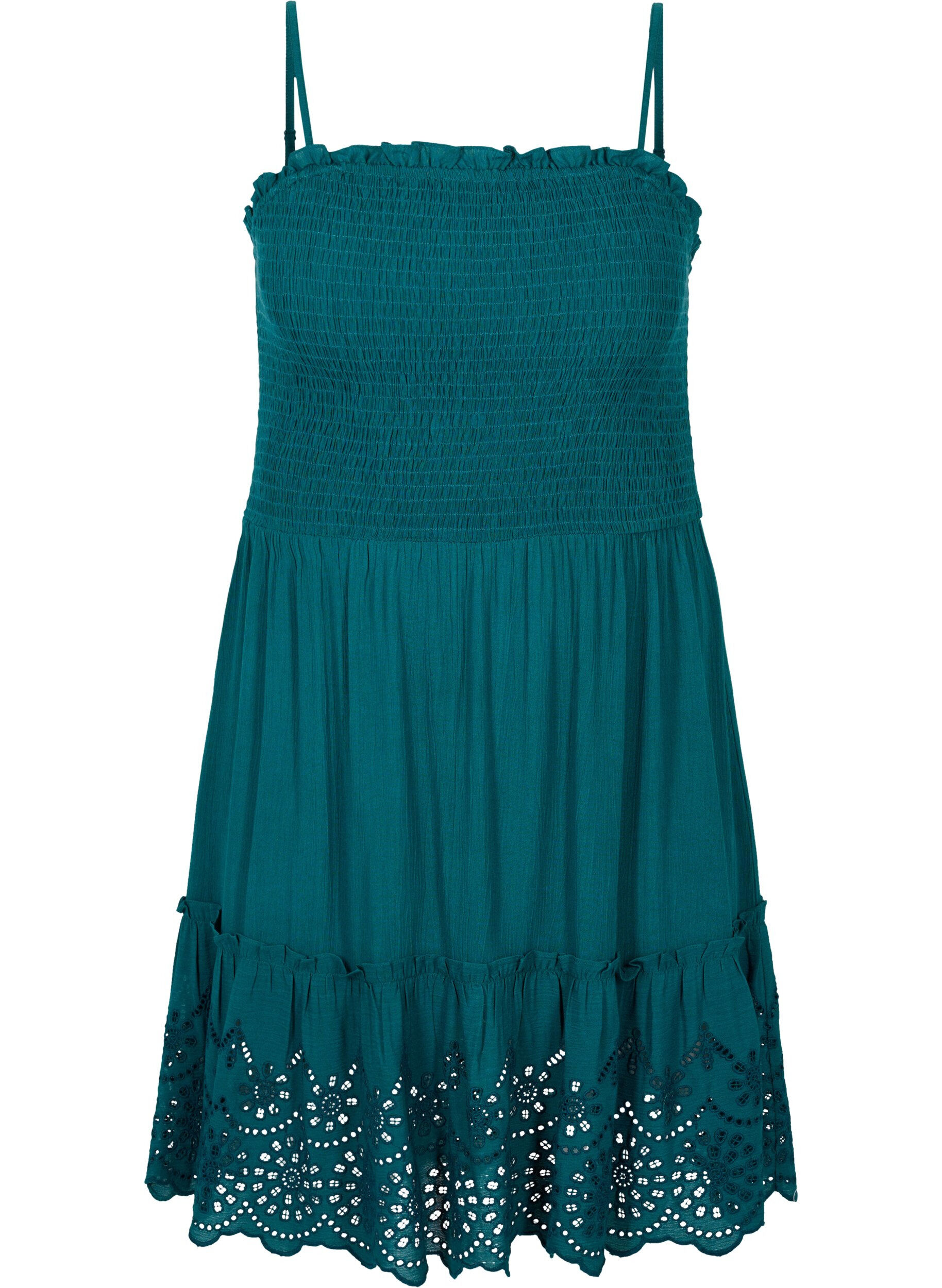 Zizzi Viskose Strandkleid mit Smock und Lochstickerei, Deep Teal, Packshot image number 0