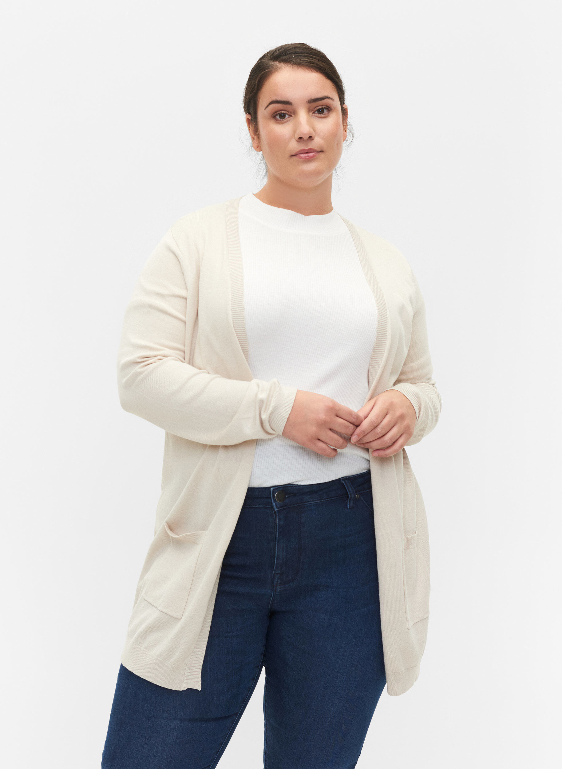 ZizziLange Strickjacke aus einer Viskosemischung, Beige, Model image number 0