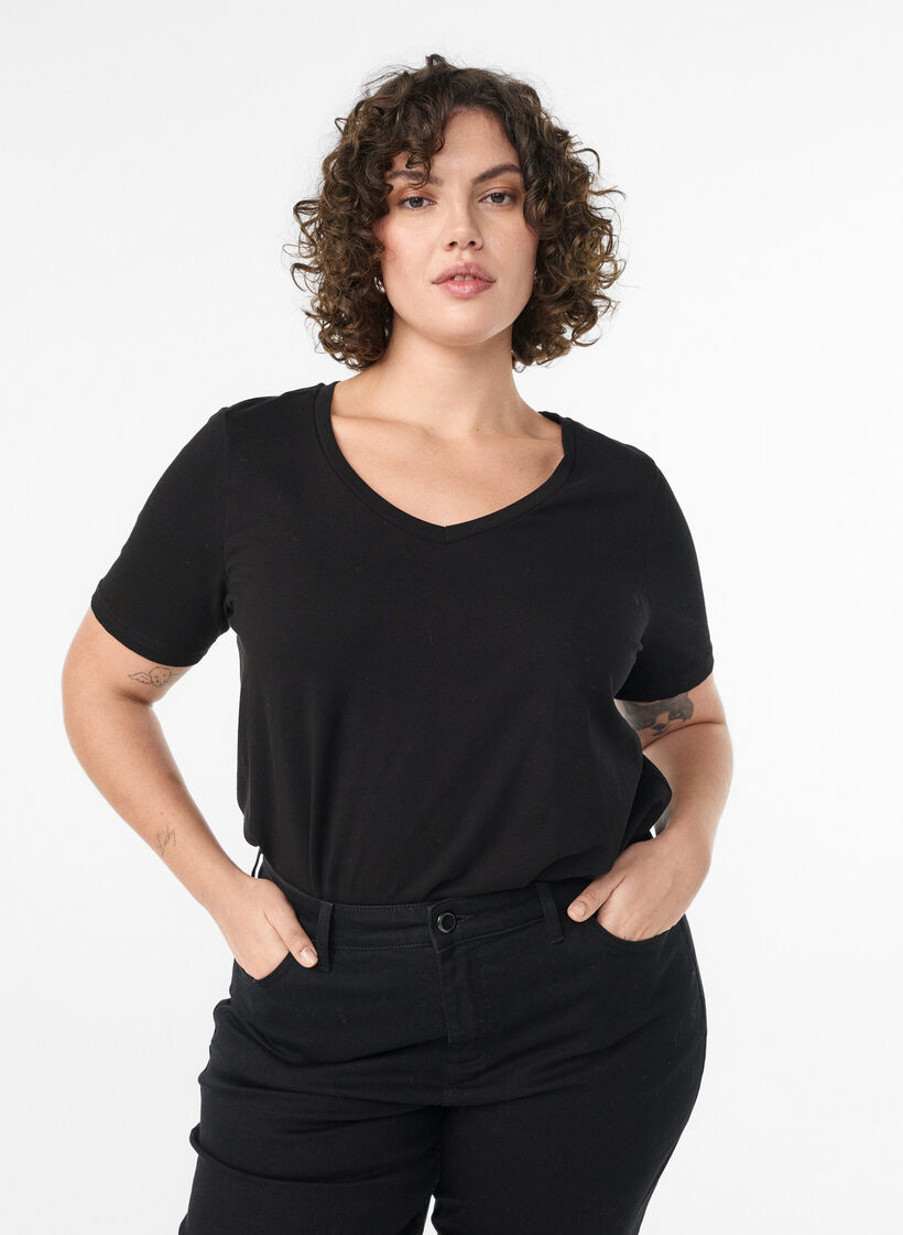 Einfarbiges basic T-Shirt aus Baumwolle, Schwarz, Model image number 0