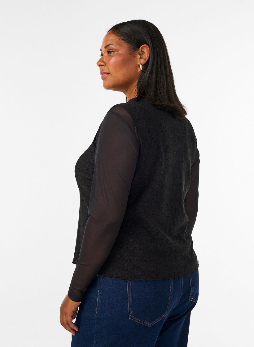 &Auml;rmelloses Top mit welliger Struktur und Knopfverschluss, Schwarz, Model image number 2