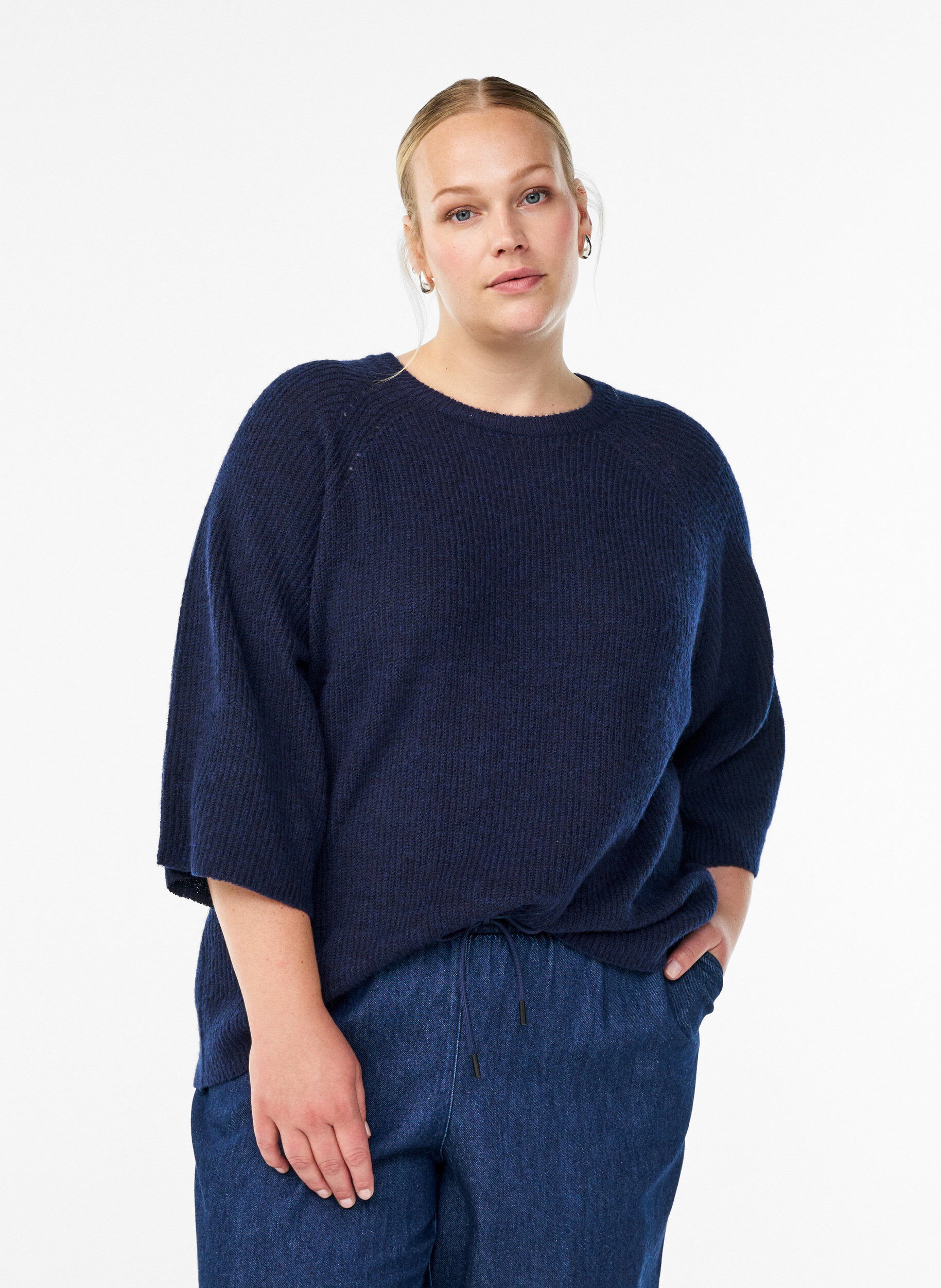 Ripppullover mit 3/4-&Auml;rmeln, Blau, Model