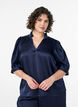 Bluse in Satin-Optik mit 1/2-&Auml;rmeln und R&uuml;schenkragen, Blau, Model image number 0