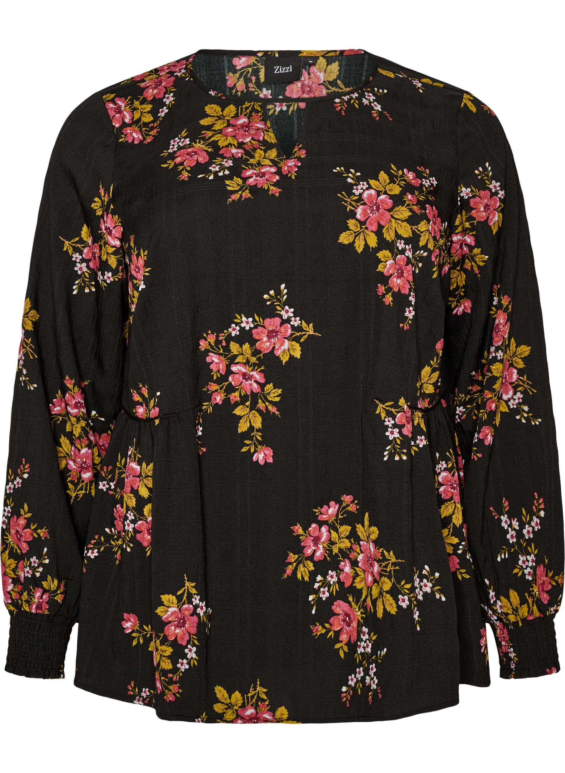 ZizziLang&auml;rmelige Bluse mit gebl&uuml;mtem Muster, Schwarz, Packshot image number 0